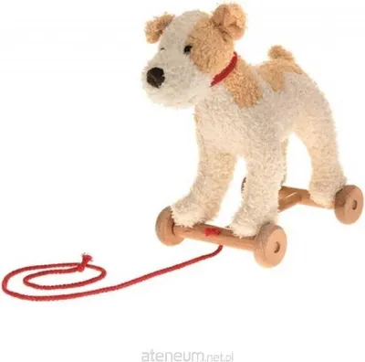 A plush toy dog on wooden wheels with a red pull string, set against a white background.
