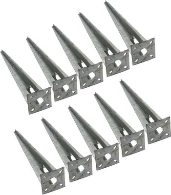 A collection of metal post anchors arranged in a diagonal pattern on a white background.