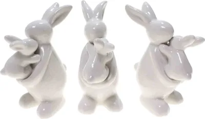 Produktbild von Hase Figur Mutter + Kind 12x8,5x5cm Keramik Porzellan weiß Ostern Frühlingsdeko, Menge:3 St.