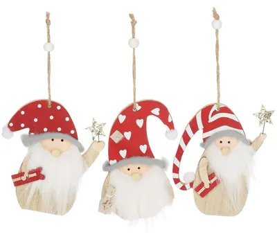 Produktbild von Hängende Weihnachtsdeko Zwerg Holzfigur Weihnachtsanhänger - 13,5 x 11,5 cm - Holz - 3er Set - Rot, Weiß und Braun
