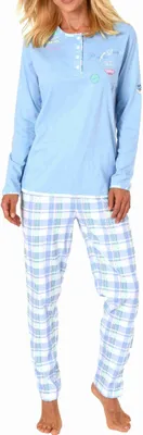 Produktbild von Edler Damen Schlafanzug langarm Pyjama mit karierter Hose aus Jersey - auch in Übergrössen ; hellblau , 50
