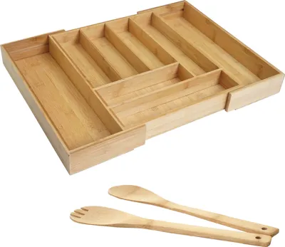 Productafbeelding van Bestekdozen + saladebestek HWC-B20, ladeorganizer, servieskasten, serviesbestek, keukenaccessoires, bamboe