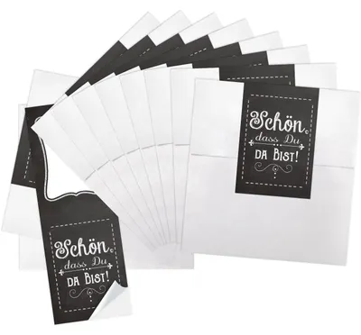 Produktbild von 10 kleine weiße Papier-Tüten 10,5 x 15 cm Verpackung give-away+ 10 blau türkise Regenbogen-Fisch SCHÖN DASS DU DA BIST Aufkleber 5 x 15 cm Verpackung give-away"Schön, dass du da bist" schwarz, weiß / 25 Stück