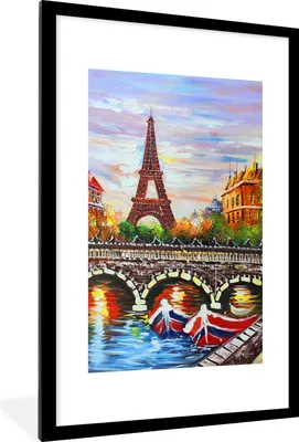 Produktbild von MuchoWow® Gerahmtes Poster Gemälde - Öl - Eiffelturm - Paris - Wasser 60x90 cm - Poster mit Schwarzem Bilderrahmen Wandposter Rahmen Foto Bilder - Dekoration - Wandposter Wohnzimmer - Hochwertig