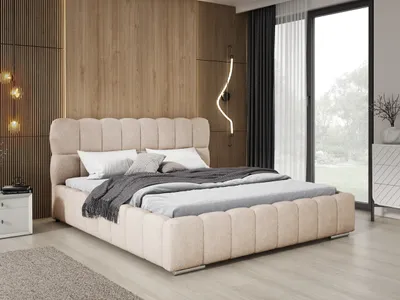 Image de Lit rembourré Boucle 160x200 Avilla - Lit double avec sommier à lattes, coffre de rangement - Beige