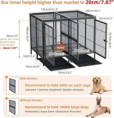 Produktbild von Robuster und geräumiger Hundekäfig für zwei Hunde – Mit herausnehmbarer Trennwand – Doppeltürig – Bis 150 kg