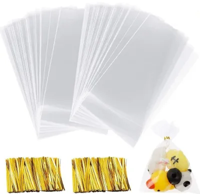 Produktbild von 200 Stück Cellophantüten Klar,10x15cm Zellophantüten Süßigkeiten Tütchen Transparent mit Metallischen Bindebaender OPP Tasche Plastiktasche für Schokolade Bonbons