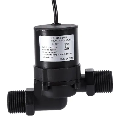 A black solar water pump with a label showing specifications.