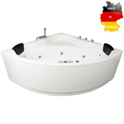 Produktbild von Basera CLASSIC Indoor Eck-Whirlpool Badewanne Malai 150 x 150 cm mit 21 Massagedüsen, Wasserfall, LED-Ambiente, Touchpanel, Bluetooth und Radio