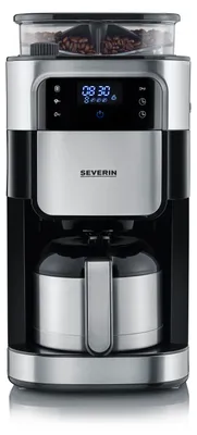 Produktbild von Severin Filterkaffeemaschine mit Edelstahl-Mahlwerk & Thermokanne, einstellbarer Mahlgrad, 1000 W, bis 8 Tassen (1 L), Schwarz, KA 4814