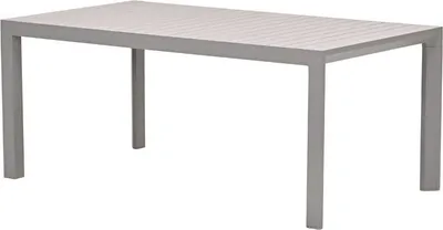 A gray rectangular table with four legs, shown from a slightly elevated side angle against a white background.