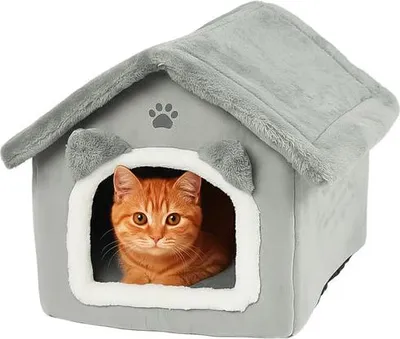 Image de Niche à chat avec toit et coussin amovibles, grise