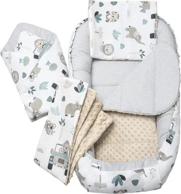 Image de 5 pièces, nid pour bébé, tapis d'éveil, 100 x 60 x 15, Mint Zoo avec Minky beige