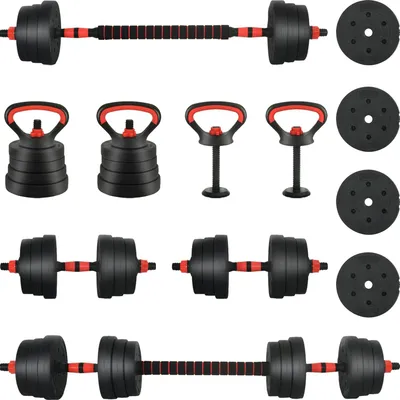 Zdjęcie produktu dla Zestaw hantli 4 w 1 vidaXL, 30 kg, czarno-czerwony, w kolorze cementu i żelaznego piasku