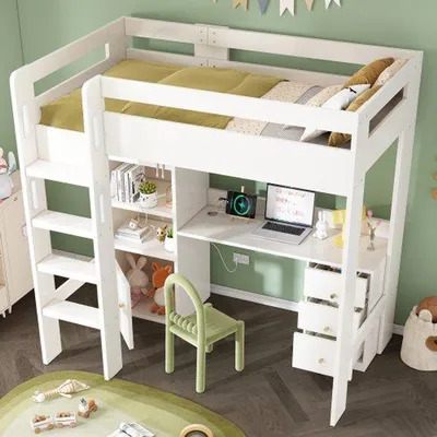 Produktbild von Einzelbettkasten mit USB-C Schreibtisch, Kleiderschrank und Archivschrank, Kinderbett mit Treppe und Lattenrost, 90x200, ohne Matratze