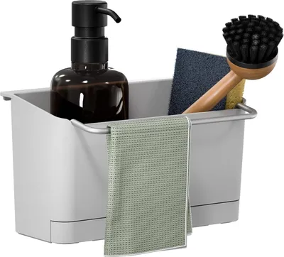 Produktbild von tesa Spülbecken-Organizer – zum Kleben, hängender Spülorganizer für Seife, Spülbürste, Schwamm und Spüllappen - Küchenzubehör - mit Adapter, Wandmontage ohne Bohren - Weiß/Chrom