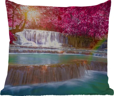 Produktbild von MuchoWow® Outdoor Kissen - Wasserfall - Regenbogen - Bäume - Rosa - Natur - 40x40 cm - Wetterfest - Lounge Kissen - Kopfkissen - Interieur - Polster mit Bild