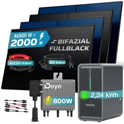 Produktbild von SUNNIVA® 2000W Balkonkraftwerk Deye mit 2,24kWh Speicher MARSTEK B2500-D, 4x500W BIFAZIAL FULLBLACK komplett Steckdose, PV Solaranlage + Solarspeicher