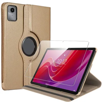 Image de Coque + Verre Trempé pour Lenovo Tab M11, Protection Antichoc avec Support Rotatif CuirPolyuréthaneDoré