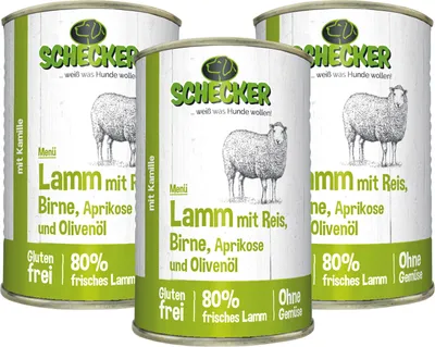 Produktbild von 3 x 410 g - Schecker Hundemenü Nassfutter - Lamm mit Reis, Birne, Aprikose und Olivenöl
