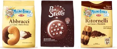 Produktbild von Mulino Bianco Kekse testpaket Abbracci Pan di stelle, Ritornelli 3 x 700g + Italian Gourmet polpa 400g