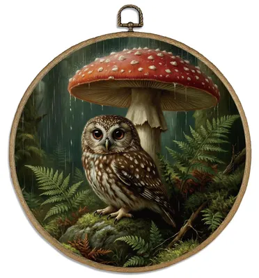 Runde Wandkunst Uil & Pilz, Waldmotiv, 26 cm, Canvas