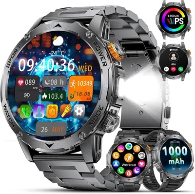 Smartwatch Herren Militär 2025 mit 1000mAh Akku, 1,75" HD Display, LED Taschenlampe, Bluetooth Anrufe, 130+ Sportmodi, Herzfrequenz,Schlafmonitor,IP68