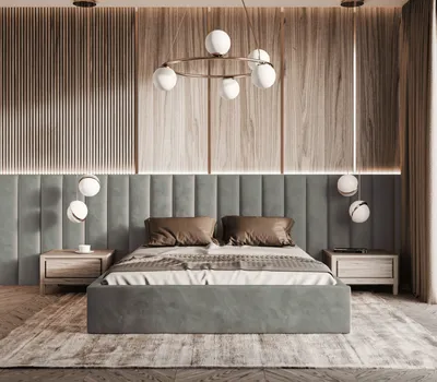 Produktbild von Polsterbett Vilde 200x200 mit Wandpaneelen 300 cm, Bettkasten, Samtbezug Piano 15 Dunkelgrau, stabile Konstruktion