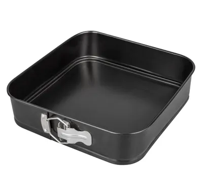 A square baking pan with a removable side and a silver latch.