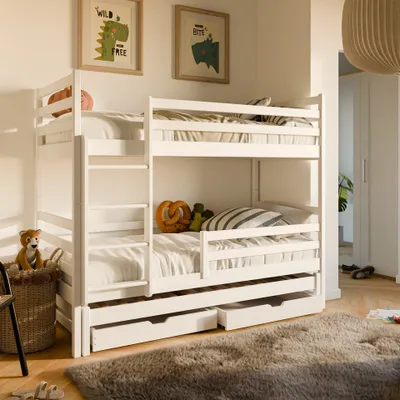 Produktbild von Hochbett 90x200 mit Ausziehbett Etagenbett mit Ausziehfunktion, zwei Schubladen, Lattenrost, Rausfallschutz, umbaubar in drei Einzelbetten, Vollholz massiv in weiss