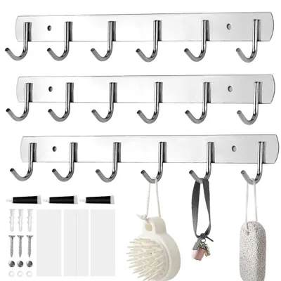 Küchenhaken-Set, 3 Stück, 6 Edelstahlhaken, Wandmontage