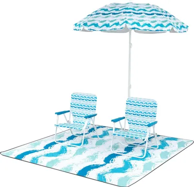 Produktbild von GOPLUS 4-teiliges Klappstuhl Campingstuhl mit Schirm und Stranddecke, Sonnenschirm 30° Verstellbarer mit Tragetasche, Strandstühle mit Rückentasche
