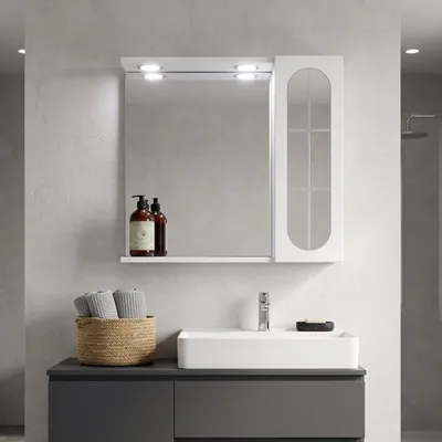 Immagine prodotto di Specchio bagno bianco 58cm, pensile con anta inglesina e faretti led
