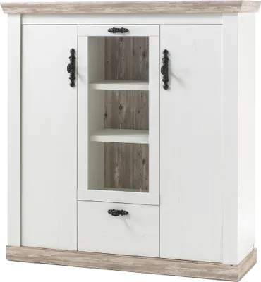 Produktbild von Highboard FERNA-61 im Landhaus Stil Pinie weiß Nb. und Oslo Pinie dunkel inkl. LED B/H/T ca. 140x146x44cm