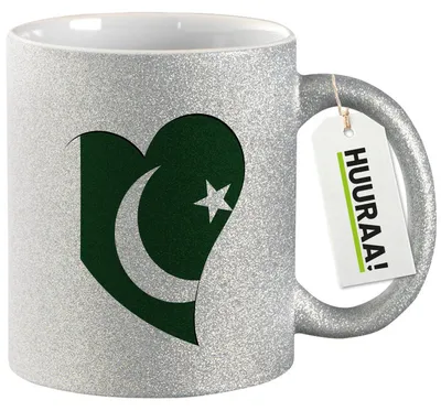 Produktbild von Huuraa Glitzertasse Pakistan Flagge Herz 330ml Silber Keramik Kaffeebecher Geschenkidee
