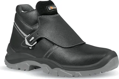 A single black work boot with a gray sole is shown against a white background.