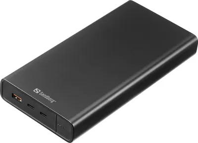 A black Sandberg power bank is shown against a white background.