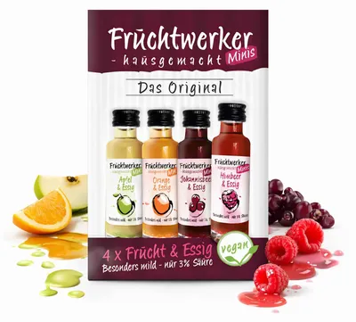 Produktbild von Fruchtwerker Minis 4er-Set Himbeere, Orange, Johannisbeere + Apfel - 80ml