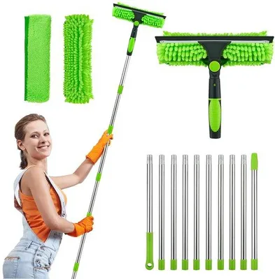 Immagine prodotto di Unyqoos®: Spazzola per vetri e panno in microfibra – portata di 4,3 metri, ideale per pulire finestre alte, soffitti e zone difficilmente raggiungibili senza l'uso di una scala, leggera ed ergonomica