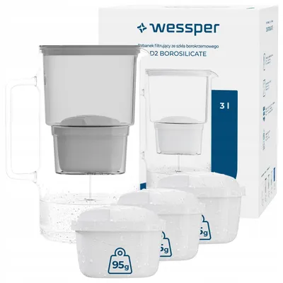 Produktbild von Wessper D2 BOROSILICATE Wasserfilterkanne 3 L Grau – Glasfilterkanne mit 4 AquaMax Filter, BPA-frei
