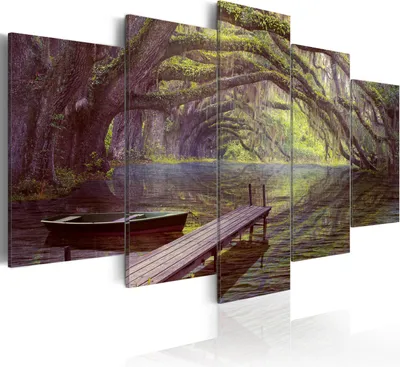Produktbild von Leinwandbilder Natur 200x100 cm Vlies Leinwandbild 5 tlg Kunstdruck modern Wandbilder XXL Wanddekoration Design Wand Bild - Landschaft Bäume See Boot Brücke Abstrakt 030112-22