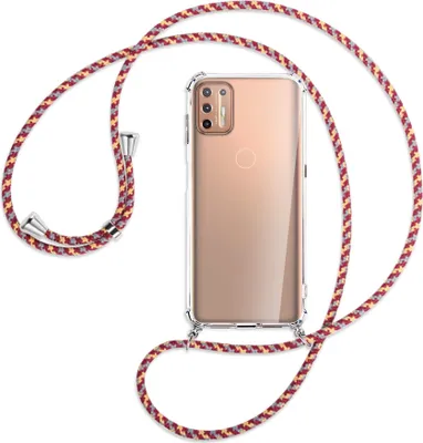 Produktbild von Handykette Backcover-Schutzhülle mit Band (Metall silberfarben) für Motorola Moto G9 Plus - weinrot/gelb/grau