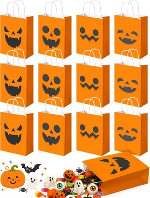 Image de Sacs cadeaux en papier, 12 pièces, avec 4 motifs d'émojis de citrouilles, pour Halloween