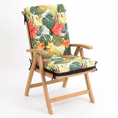 Produktbild von 4L Textil Gartenstuhlauflage Hochlehner aus Samt-Imitat, Sitzauflage mit Rückenlehne für Gartenstuhl, mit Bändern, 50x70x50 cm, Blumen Grün