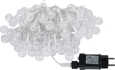 A string of clear, round LED lights with a black power adapter.
