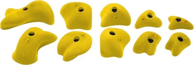 Zehn gelbe L-Klettergriffe aus dem Holds Set 3 von Ocun; geeignet für Kletterwände.