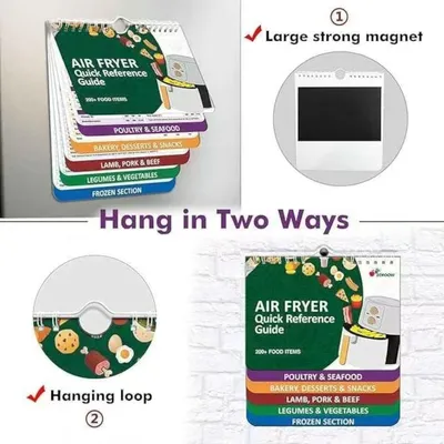 A collage of images showing a magnetic quick reference guide for an air fryer, highlighting its hanging options and features.