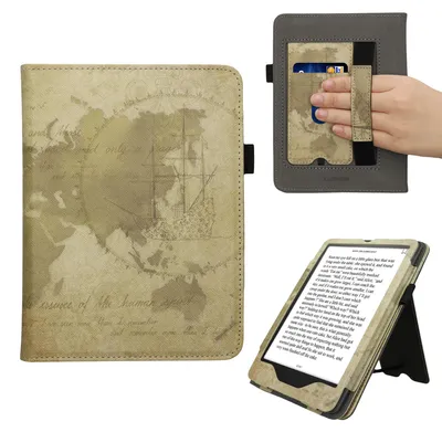 Produktbild von kwmobile Flip Cover kompatibel mit Amazon Kindle Paperwhite (2024)/Colorsoft - Hülle mit Handschlaufe Travel Vintage Braun Hellbraun