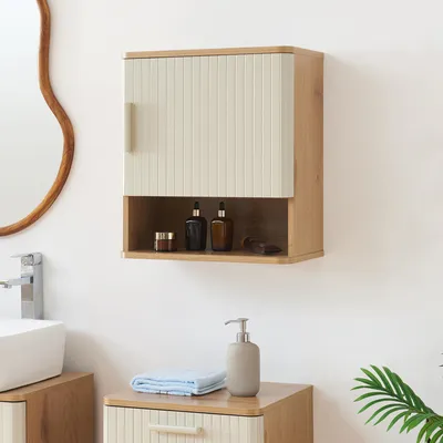 Produktbild von Hängeschrank 'Ferrersp' Wandschrank 50 x 45 x 24 cm mit 1 Tür und 1 Ablage Eicheoptik/Sandfarben