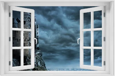 Produktbild von Wallario Wandbild mit Fenster-Illusion: Altes Geisterschloss, Größe: 61 x 91,5 cm, Poster mit weißem Aluminiumrahmen